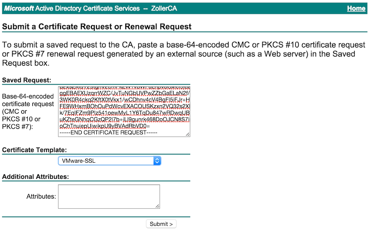 Paste in the CSR and choose a template to generate the certificate