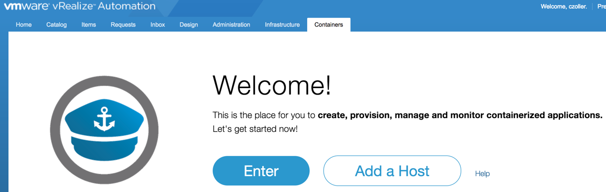Admiral portal under Containers tab in vRA