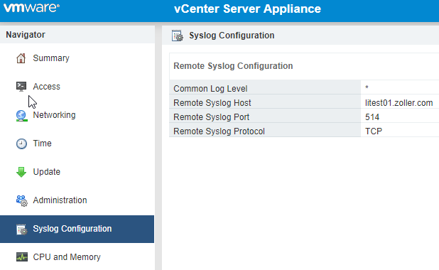 Configuring syslog exporting in vCSA