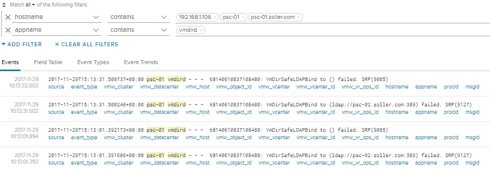 Queries for logs showing replication failure