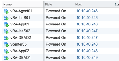 VM and host list prior to simulated failures