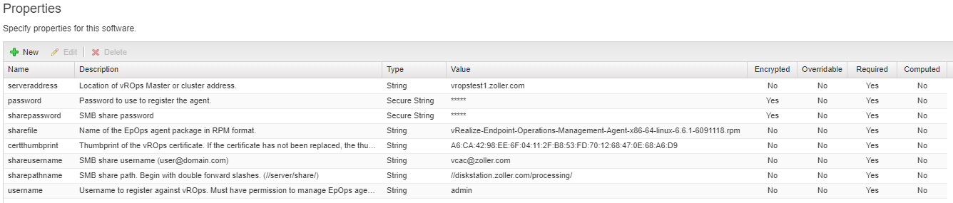 Properties on a software component