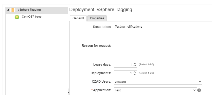 vRA test catalog item request form