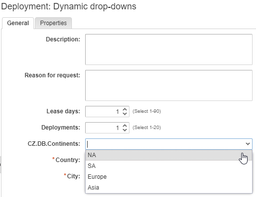 vRA request form with &lt;code&gt;CZ.DB.Continents&lt;/code&gt;