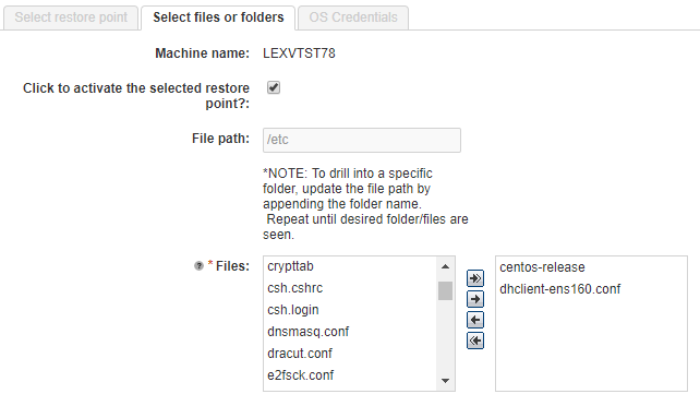 Recover Files and Folders request form, files selected