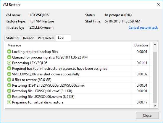 Veeam VM restore log