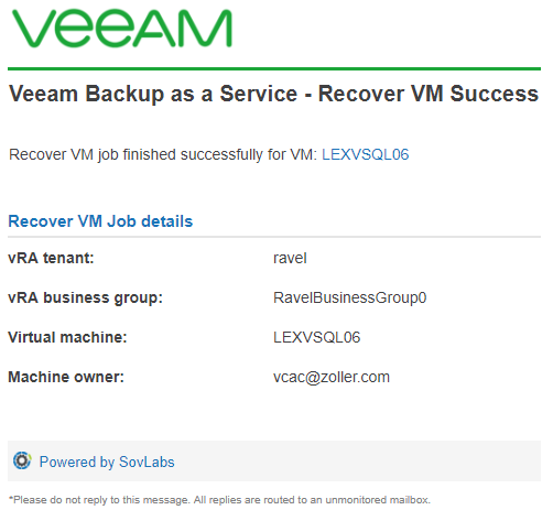 VM recovery email success confirmation