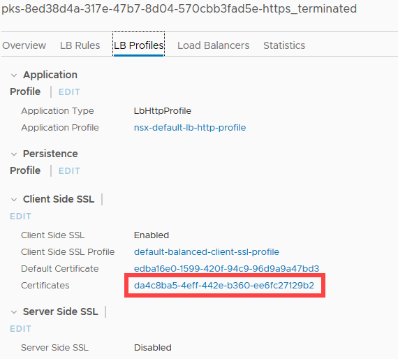 Certificate applied to NSX-T load balancer profile