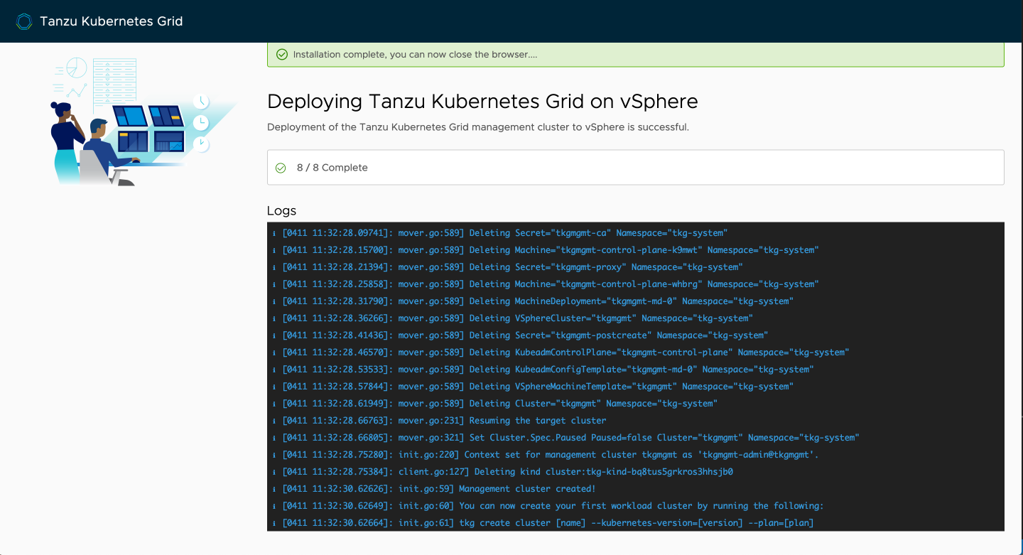 TKG UI wizard deployment process complete