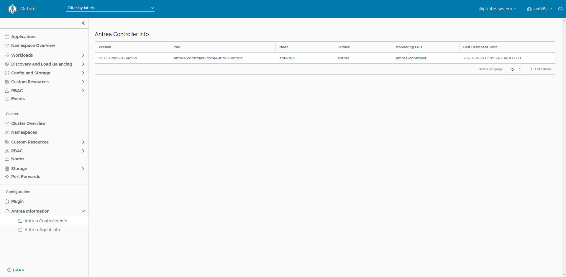 Octant dashboard with the Antrea plug-in loaded